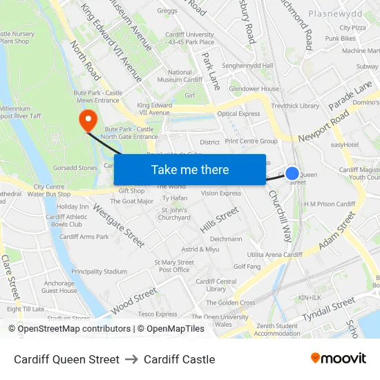 Cardiff Queen Street to Cardiff Castle map