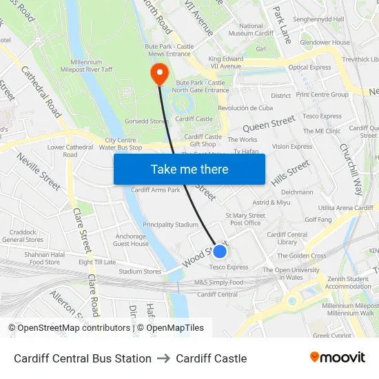 Cardiff Central Bus Station to Cardiff Castle map