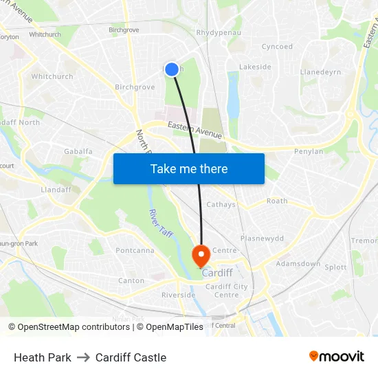 Heath Park to Cardiff Castle map