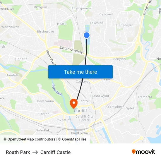 Roath Park to Cardiff Castle map