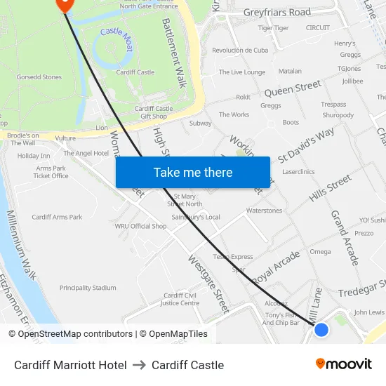 Cardiff Marriott Hotel to Cardiff Castle map