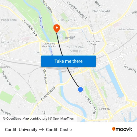 Cardiff University to Cardiff Castle map