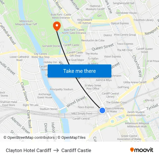 Clayton Hotel Cardiff to Cardiff Castle map