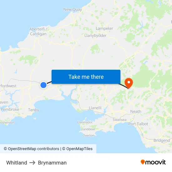 Whitland to Brynamman map