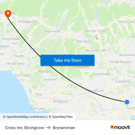 Cross Inn, Birchgrove to Brynamman map