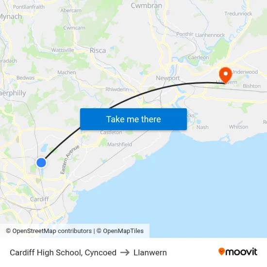 Cardiff High School, Cyncoed to Llanwern map