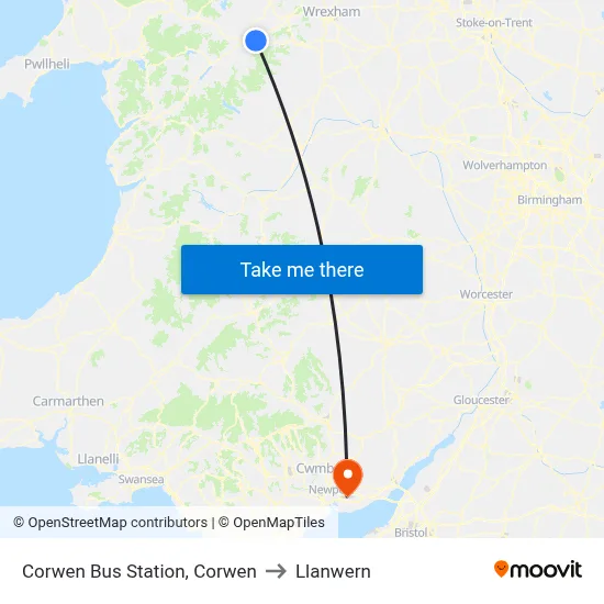 Corwen Bus Station, Corwen to Llanwern map
