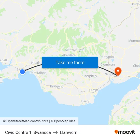Civic Centre 1, Swansea to Llanwern map