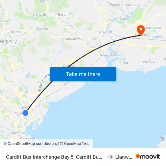 Cardiff Bus Interchange Bay 5, Cardiff Bus Station to Llanwern map