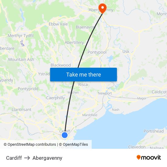 Cardiff to Abergavenny map