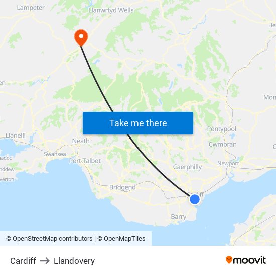 Cardiff to Llandovery map