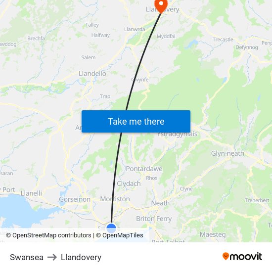Swansea to Llandovery map