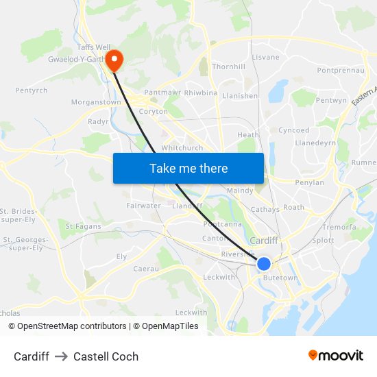 Cardiff to Castell Coch map