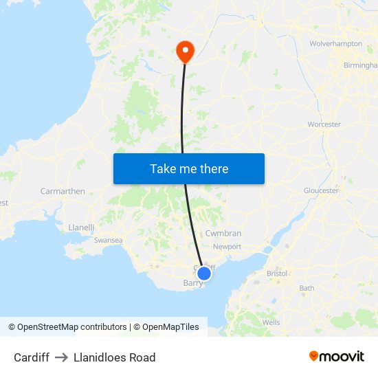 Cardiff to Llanidloes Road map