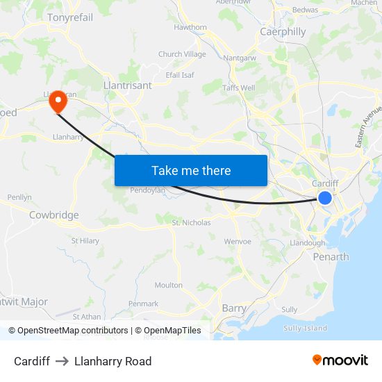 Cardiff to Llanharry Road map