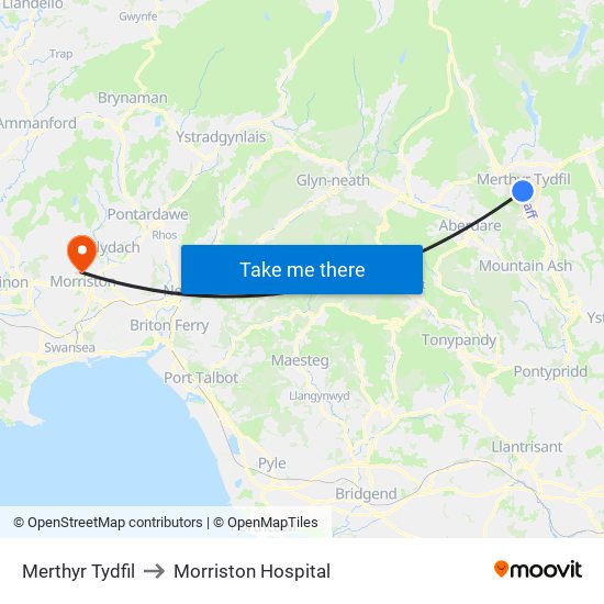 Merthyr Tydfil to Morriston Hospital map