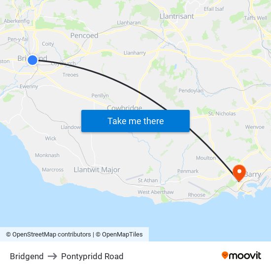 Bridgend to Pontypridd Road map