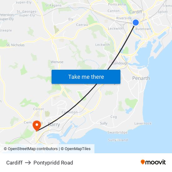 Cardiff to Pontypridd Road map