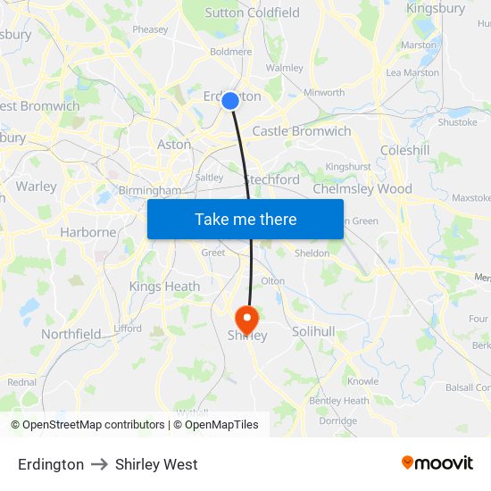 Erdington to Shirley West map