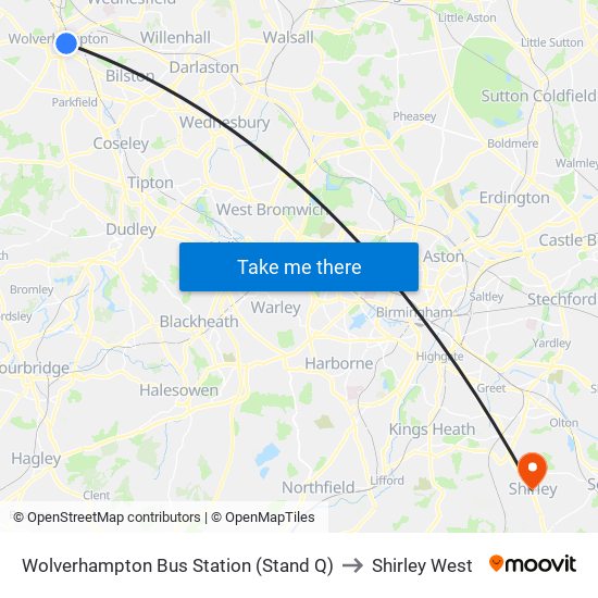 Wolverhampton Bus Station (Stand Q) to Shirley West map