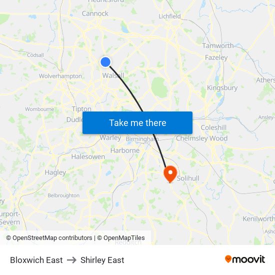 Bloxwich East to Shirley East map