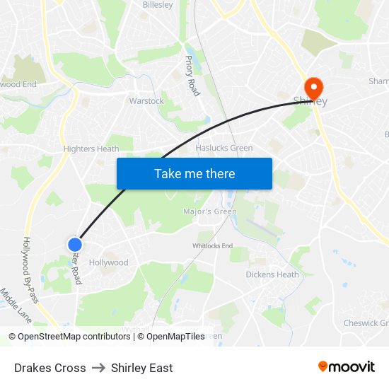 Drakes Cross to Shirley East map