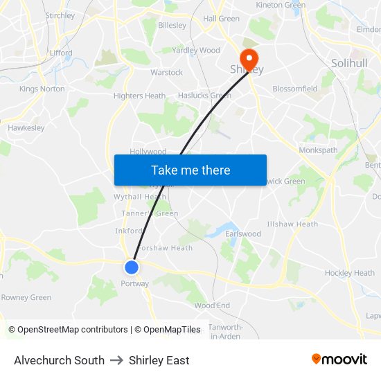 Alvechurch South to Shirley East map