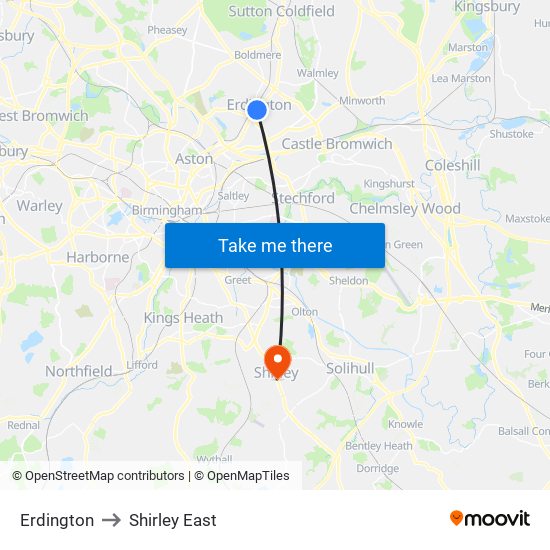 Erdington to Shirley East map