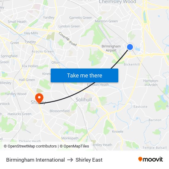 Birmingham International to Shirley East map