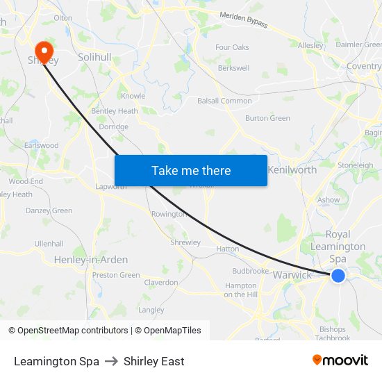 Leamington Spa to Shirley East map