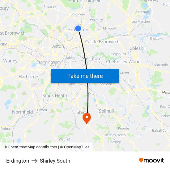 Erdington to Shirley South map
