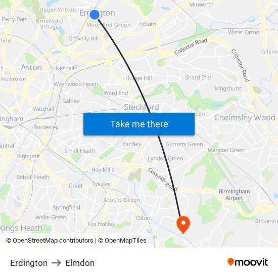 Erdington to Elmdon map