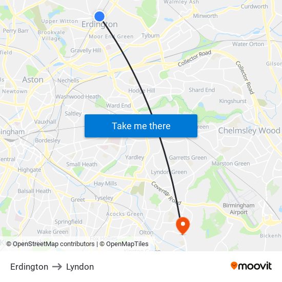 Erdington to Lyndon map