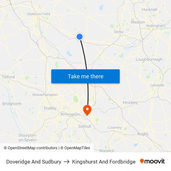 Doveridge And Sudbury to Kingshurst And Fordbridge map