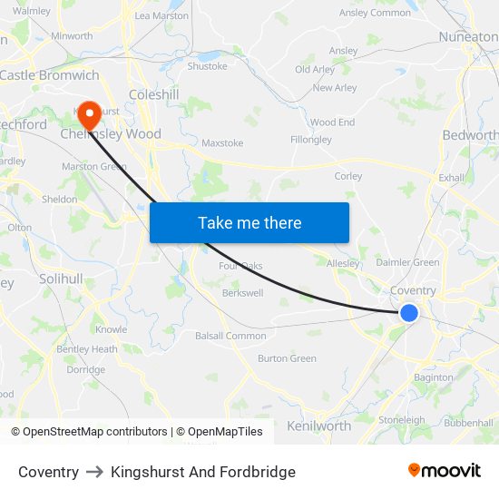 Coventry to Kingshurst And Fordbridge map