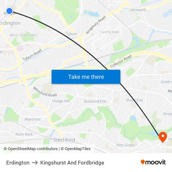 Erdington to Kingshurst And Fordbridge map