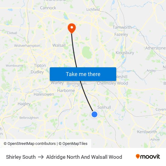 Shirley South to Aldridge North And Walsall Wood map