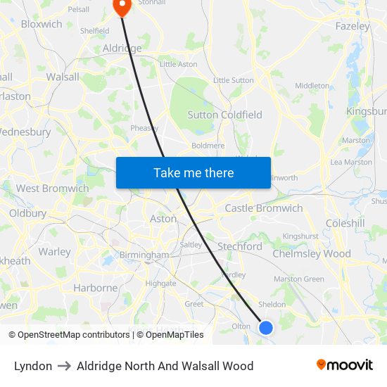 Lyndon to Aldridge North And Walsall Wood map