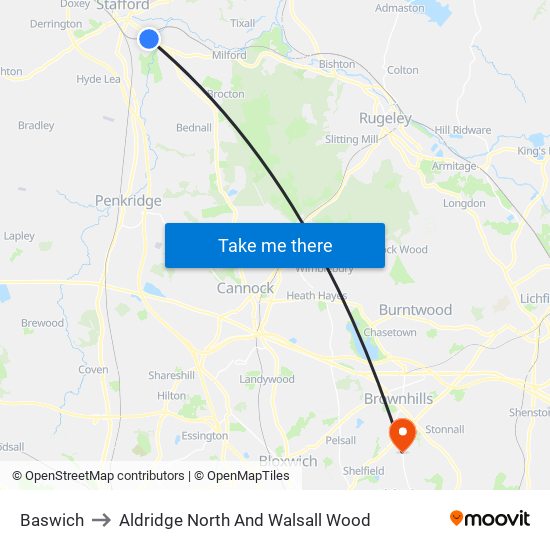 Baswich to Aldridge North And Walsall Wood map