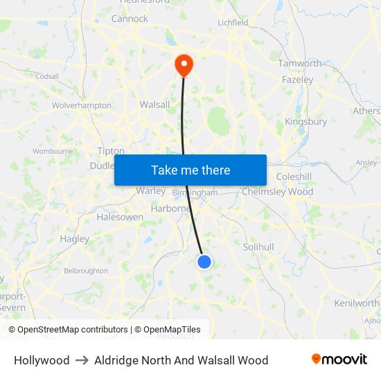 Hollywood to Aldridge North And Walsall Wood map