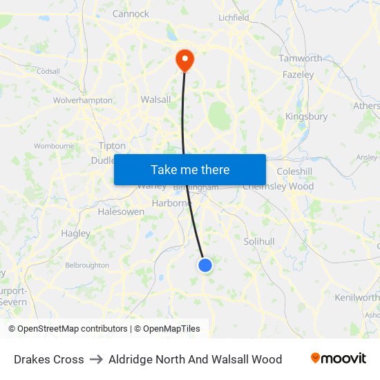 Drakes Cross to Aldridge North And Walsall Wood map