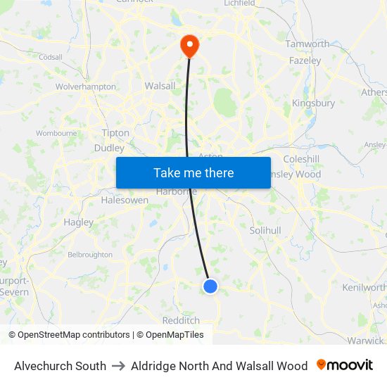 Alvechurch South to Aldridge North And Walsall Wood map