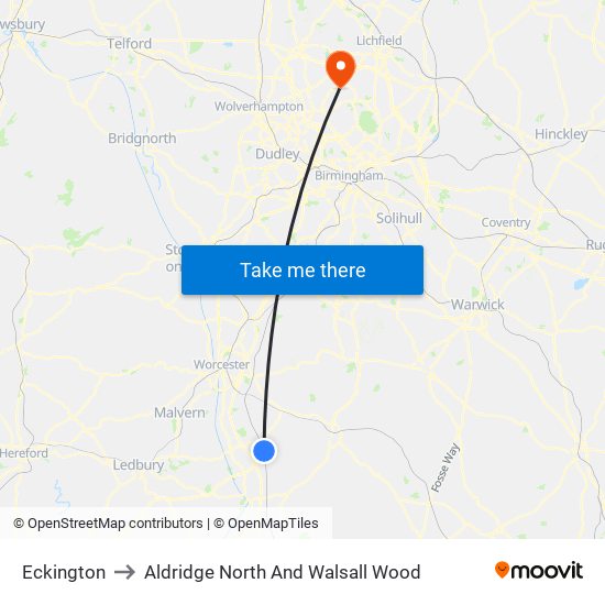 Eckington to Aldridge North And Walsall Wood map