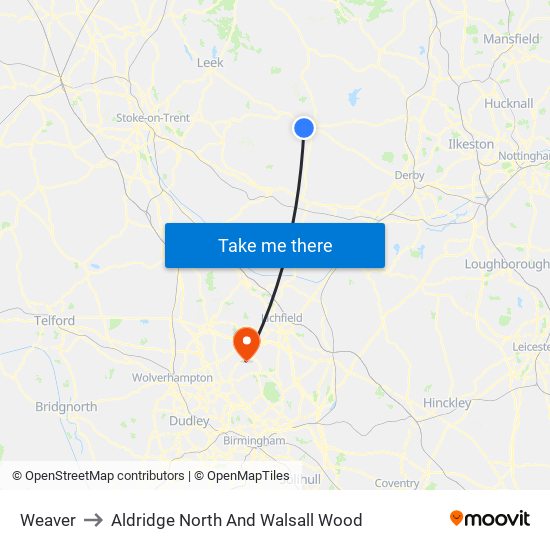 Weaver to Aldridge North And Walsall Wood map