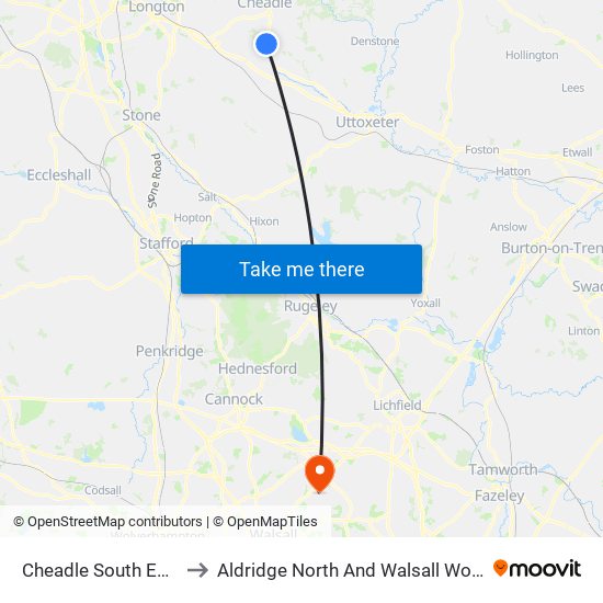 Cheadle South East to Aldridge North And Walsall Wood map