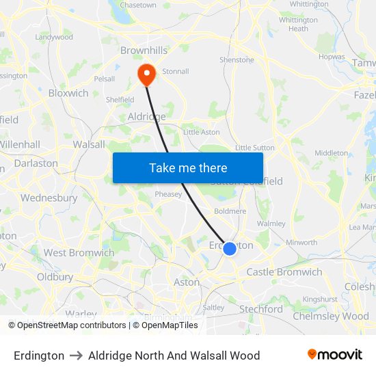 Erdington to Aldridge North And Walsall Wood map