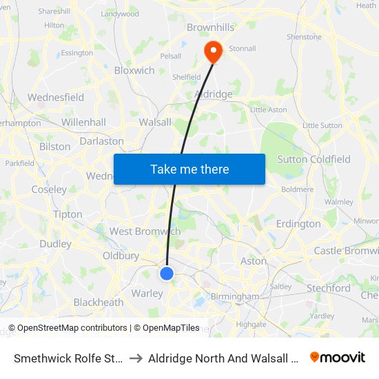 Smethwick Rolfe Street to Aldridge North And Walsall Wood map