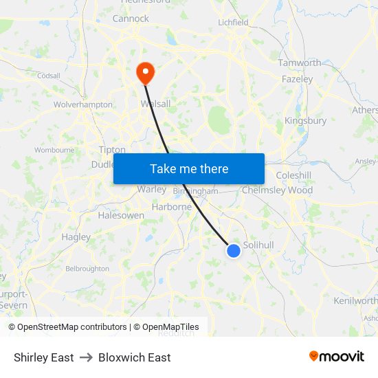 Shirley East to Bloxwich East map