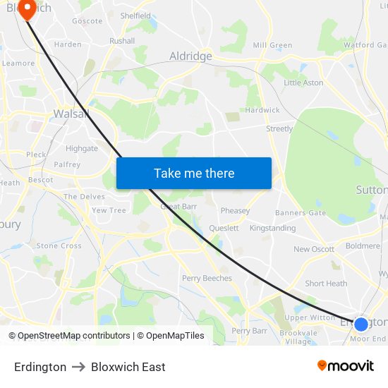 Erdington to Bloxwich East map