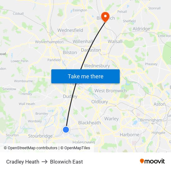 Cradley Heath to Bloxwich East map